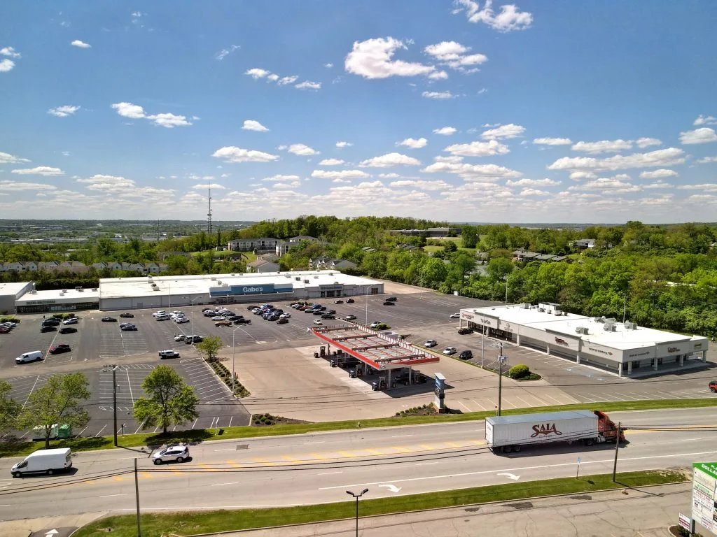 Image of a sky-view of the center for Sharonville Plaza in Sharonville, Ohio